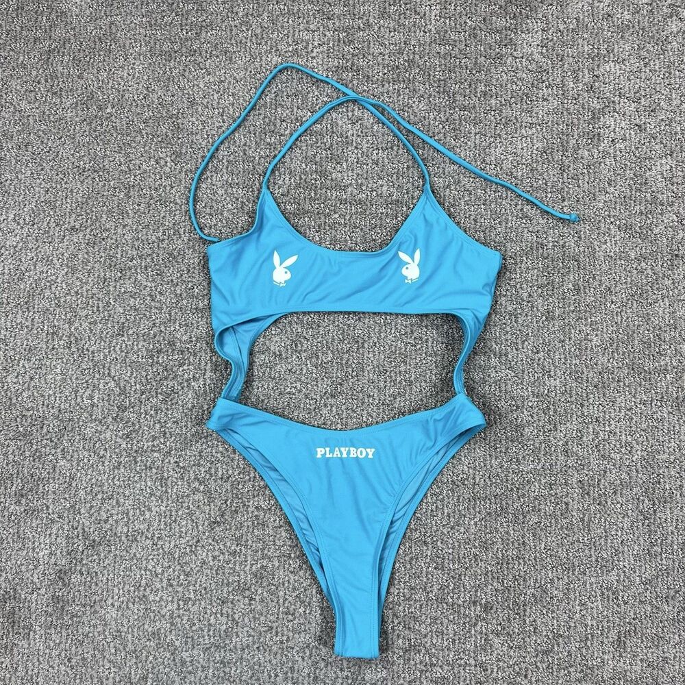 Playboy X Missguided Swimsuit Womens Medium Blue Cut Out One Piece Halter Beach
